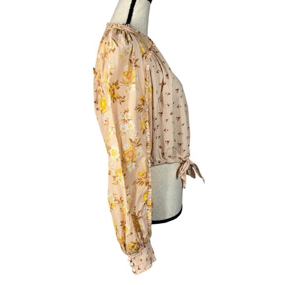 American Eagle Medium Crop Top Floral Button-Up Balloon Sleeves V-Neck Ruffle - Picture 6 of 11